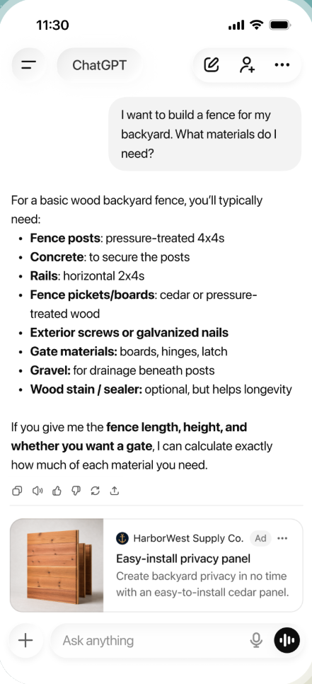 Sponsored product ad for a cedar privacy panel, shown inline in a ChatGPT conversation about building a backyard fence