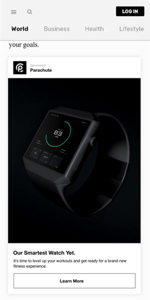 Native ad for a smartwatch, shown inside a premium news publisher's article